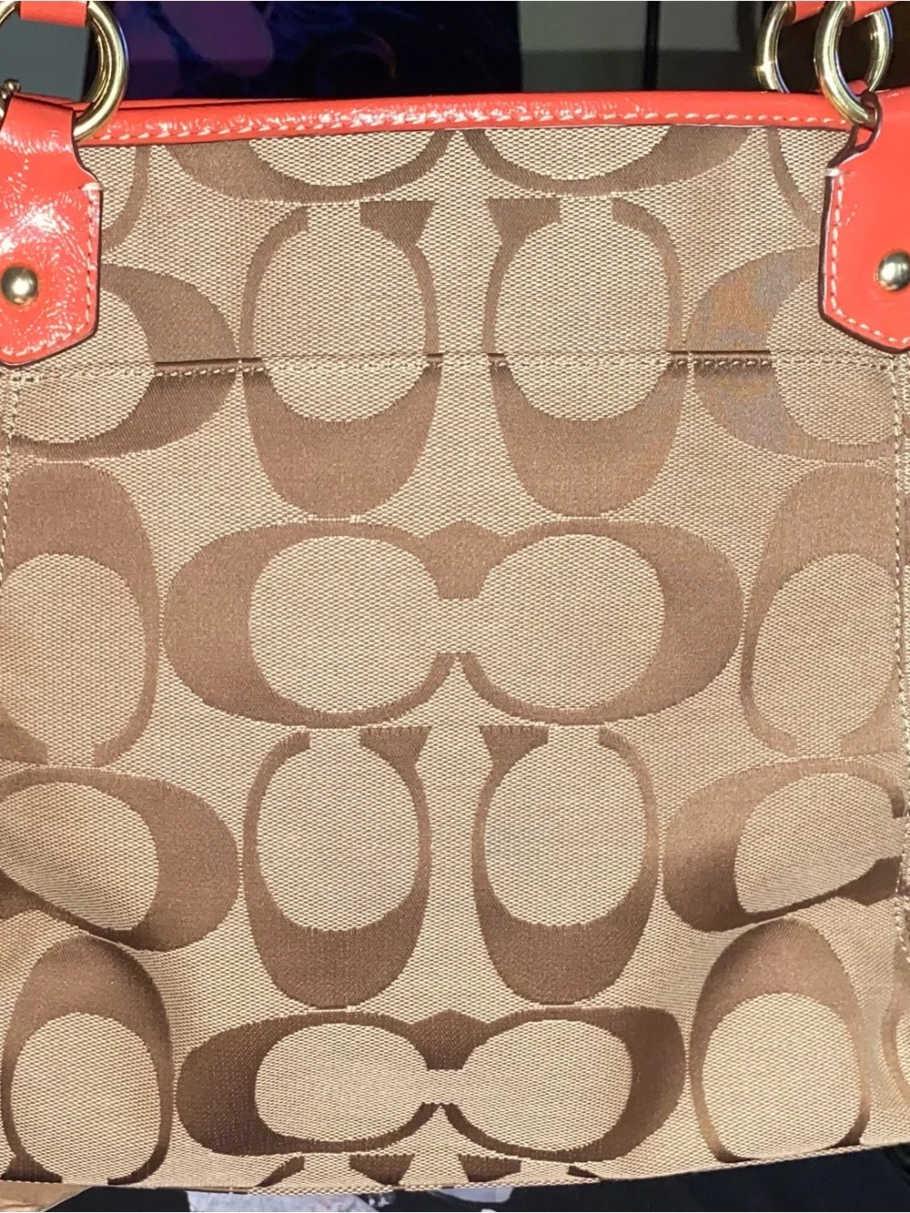 Coach Brown Signature Tote with Coral Trim